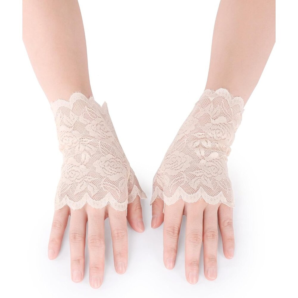 Women's Apricot Fingerless Floral Short Lace Gloves Halloween Party Accessories - Picture 3 of 5